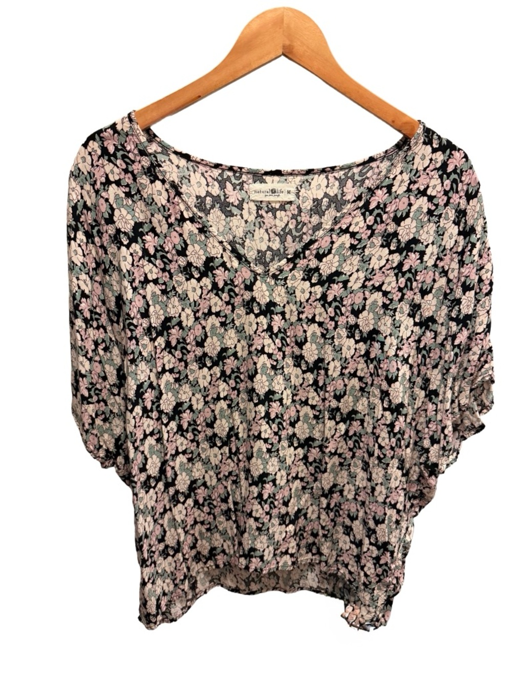 Natural Life Easy V-Neck Top | Black Pink Floral Boho Dolman Blouse M